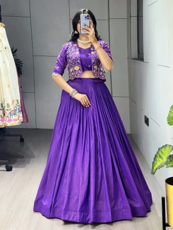 FANCY VICHITRA PLAIN WITH PLEATING WORK LEHENGA WITH EMBROIDERED BLOUSE AND KOTI PURPLE