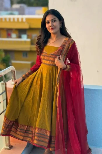 FANCY VICHITRA SILK JACQUARD WEAVING LACE WORK ANARKALI WITH DUPATTA GREEN