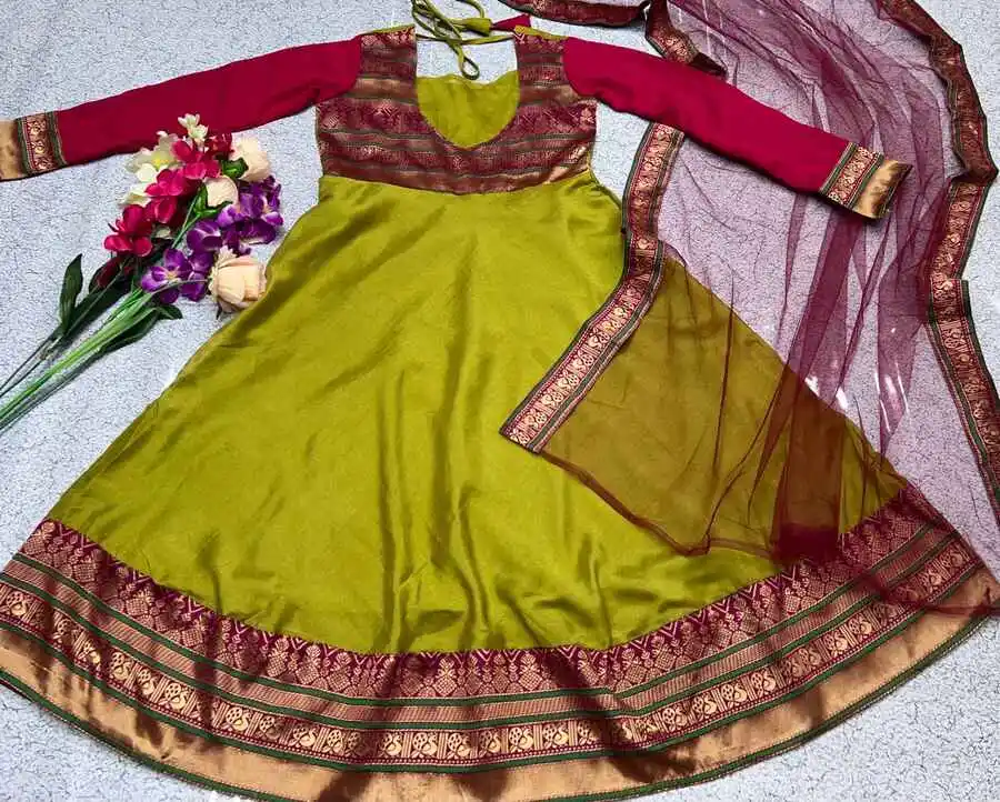 FANCY VICHITRA SILK JACQUARD WEAVING LACE WORK ANARKALI WITH DUPATTA FESTIVE WEAR WHOLESALE PRICE ETHNIC GARMENT (5)