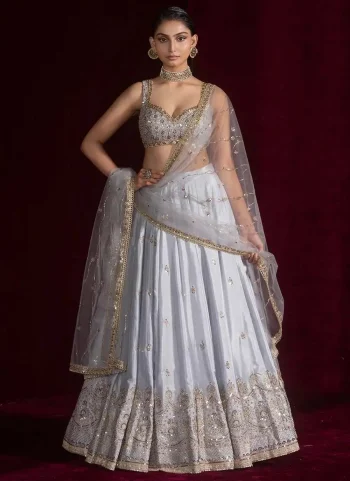 FASHIONABLE SATIN SILK SEQUENCE DORI & ZARI WORK LEHENGA CHOLI WIT DUPATTA  GREY