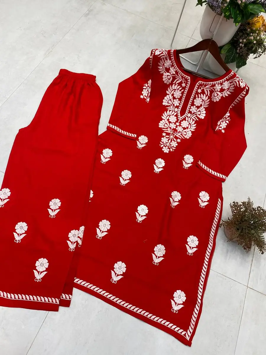 GOURGEOUS RAYON EMBROIDERY WORK KURTI PALAZZO SET OFFICE WEAR WHOLESALE PRICE ETHNIC GARMENT (1)