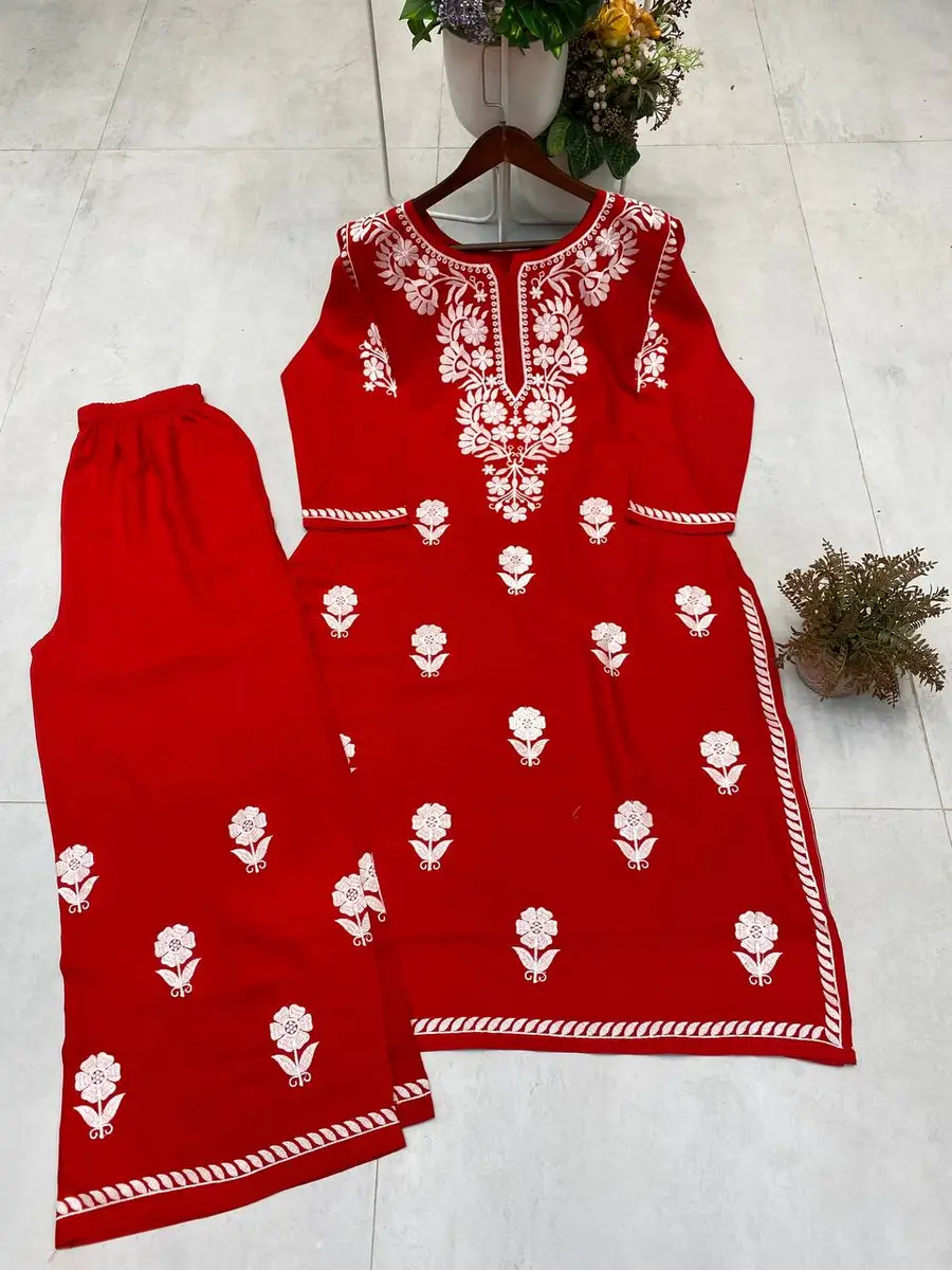 GOURGEOUS RAYON EMBROIDERY WORK KURTI PALAZZO SET OFFICE WEAR WHOLESALE PRICE ETHNIC GARMENT (7)