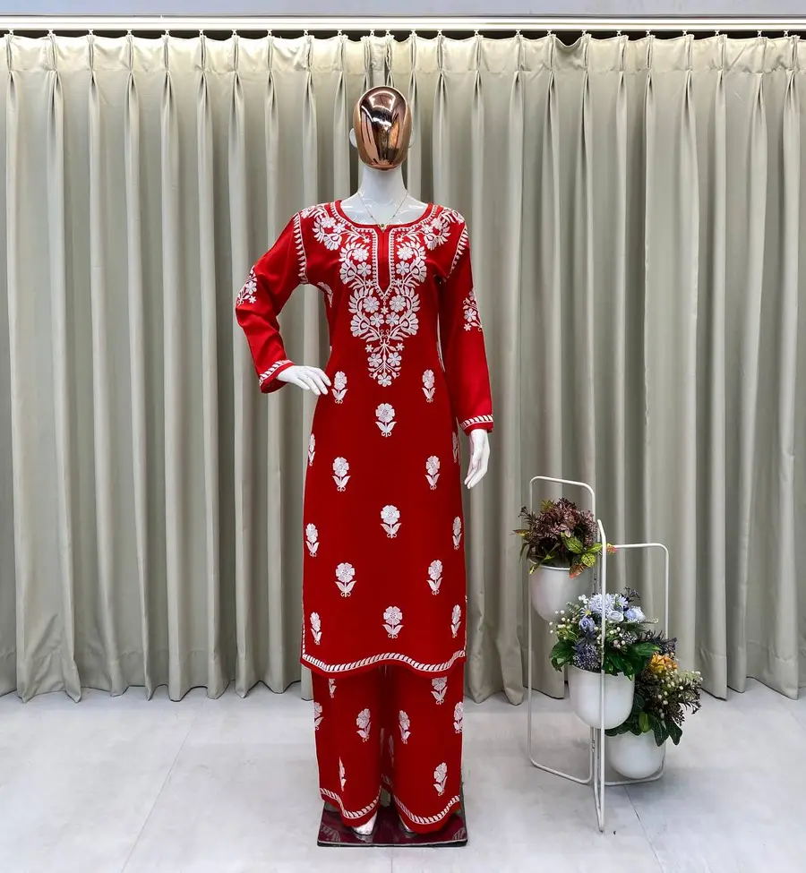 GOURGEOUS RAYON EMBROIDERY WORK KURTI PALAZZO SET OFFICE WEAR WHOLESALE PRICE ETHNIC GARMENT (8)
