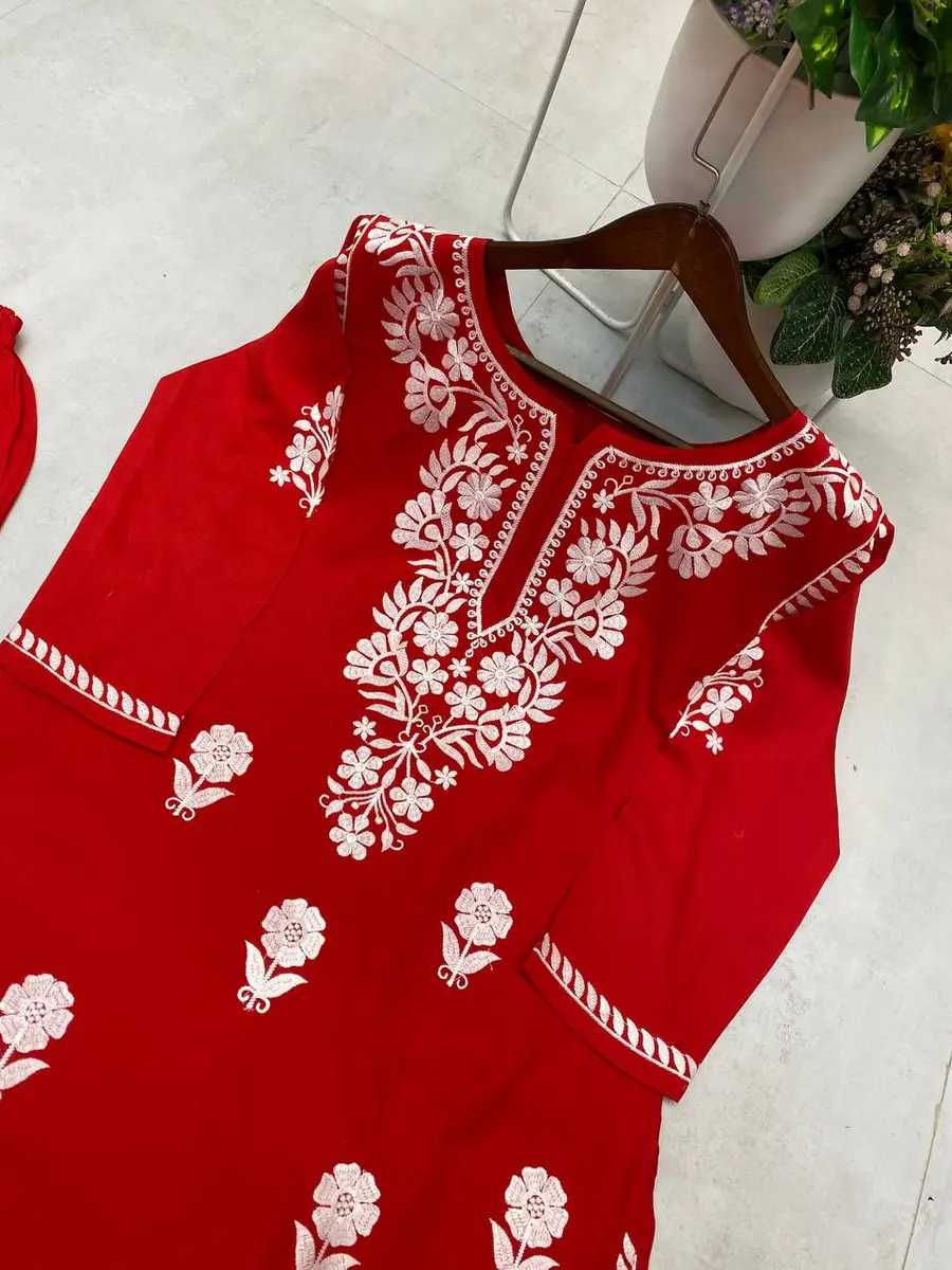 GOURGEOUS RAYON EMBROIDERY WORK KURTI PALAZZO SET OFFICE WEAR WHOLESALE PRICE ETHNIC GARMENT (9)