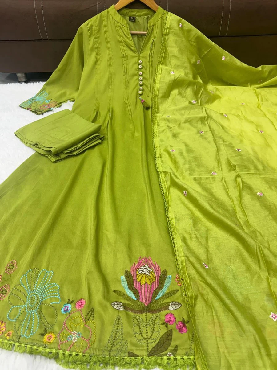 LATEST CHANDERI SILK EMBROIDERY WORK TOP BOTTOM WITH DUPATTA FESTIVE WEAR WHOLESALE PRICE ETHNIC GARMENT (12)