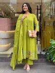 LATEST CHANDERI SILK EMBROIDERY WORK TOP BOTTOM WITH DUPATTA PARROT GREEN