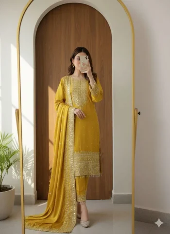 LATEST CHINON SILK SEQUENCE EMBROIDERY WORK TOP BOTTOM WITH DUPATTA YELLOW