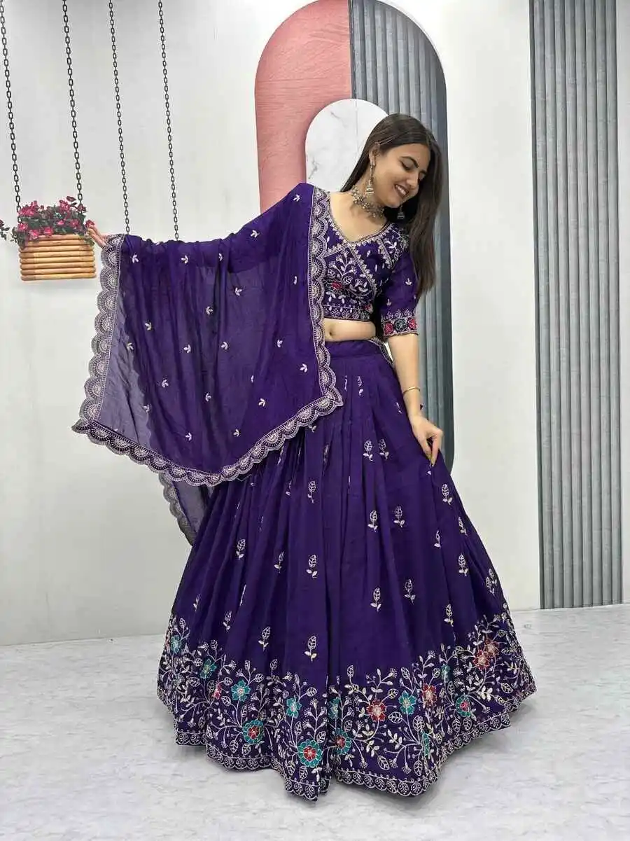 LATEST VICHITRA SILK EMBROIDERY THREAD & PIPE VAL WORK LEHENGA CHOLI WITH DUPATTA WEDDING WEAR WHOLESALE PRICE ETHNIC GARMENT (1)