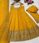 LATEST VICHITRA SILK EMBROIDERY ZARI CODING SEQUENCE WORK GOWN BOTTOM WITH DUPATTA YELLOW