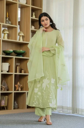 MODERN CHANDERI SILK EMBROIDERY WORK TOP BOTTOM WITH DUPATTA PISTA