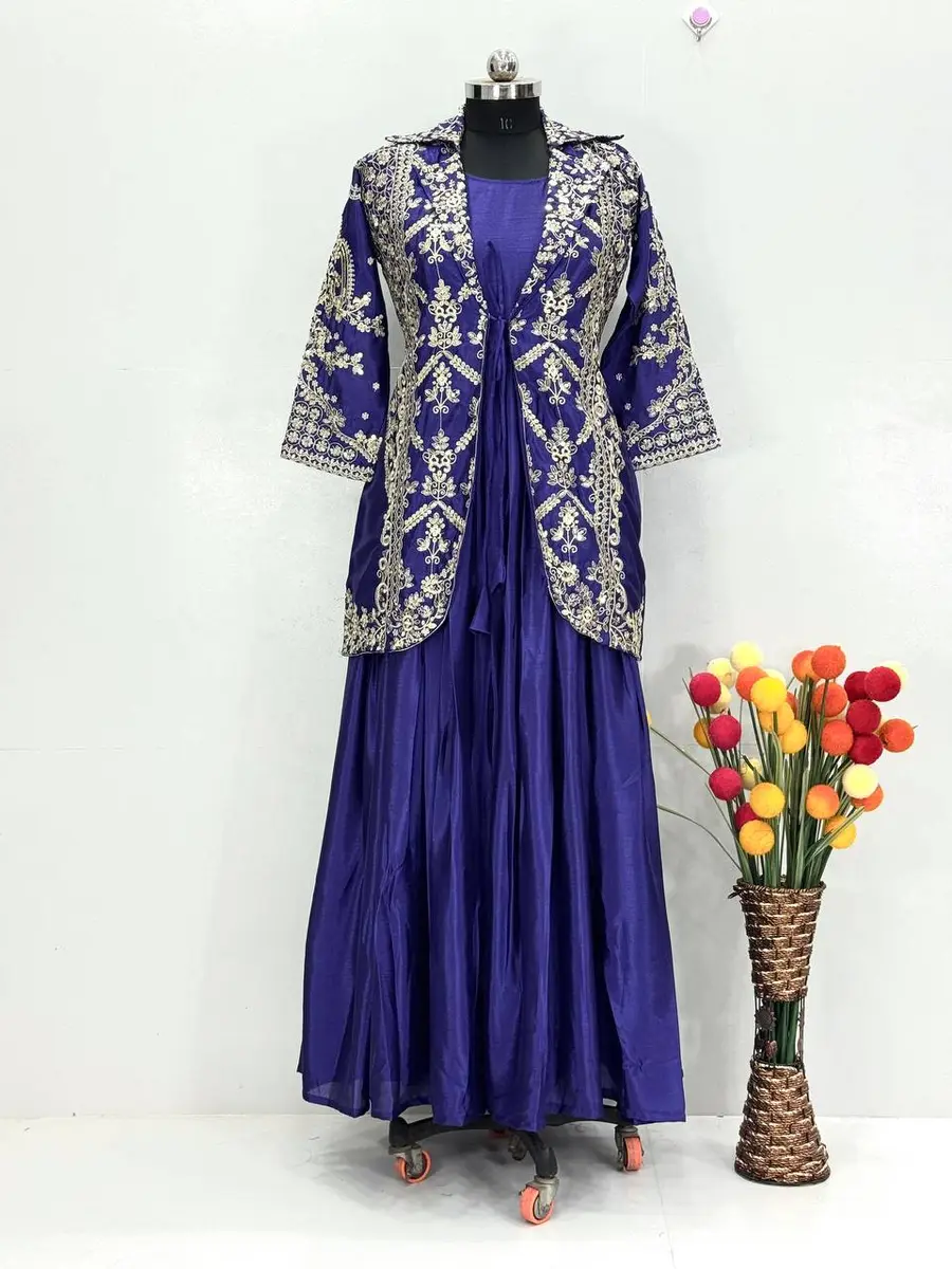 MODERN CHINON EMBROIDERY SEQUENCE WORK GOWN WITH KOTI PARTY WEAR WHOLESALE PRICE ETHNIC GARMENT (1)