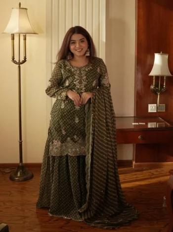 MODERN CHINON PRINT WITH EMBROIDERY AND DIAMOND WORK TOP SHARARA WITH DUPATTA MEHNDI