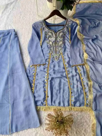 MODERN CHINON SEQUENCE EMBROIDERY WORK GOLDEN COIN LACE WORK TOP PALAZZO SET SKY