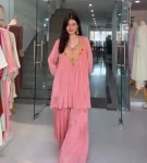 MODERN CHINON SEQUENCE EMBROIDERY WORK TUSSLES ON YOKE BORDER COIN LACE WORK TOP PALAZZO SET FESTIVE WEAR WHOLESALE PRICE ETHNIC GARMENT (4)