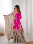MODERN CHINON SILK CODING & SEQUENCE WORK WITH PEARL WORK TOP SHARARA WITH DUPATTA PINK