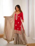 MODERN CHINON SILK CODING & SEQUENCE WORK WITH PEARL WORK TOP SHARARA WITH DUPATTA RED