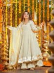 MODERN CHINON SILK MUKESH WORK WITH LAGADI PATTA WORK GOWN PALAZZO WITH DUPATTA OFF WHITE
