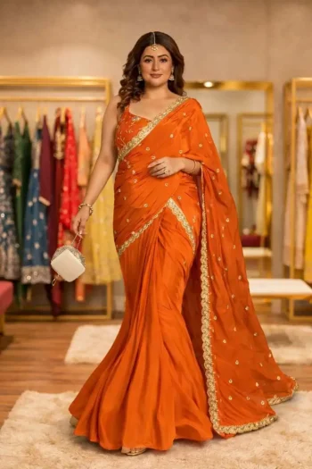 MODERN CHINON SILK MULTI THREAD EMBROIDERY SEQUENCE WORK LEHENGA SAREE WITH STITCHED BLOUSE ORANGE