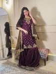 MODERN CHINON SILK SEQUENCE & ZARI EMBROIDERY WITH HANDWORK LACE BORDER WORK TOP SHARARA WITH DUPATTA PURPLE