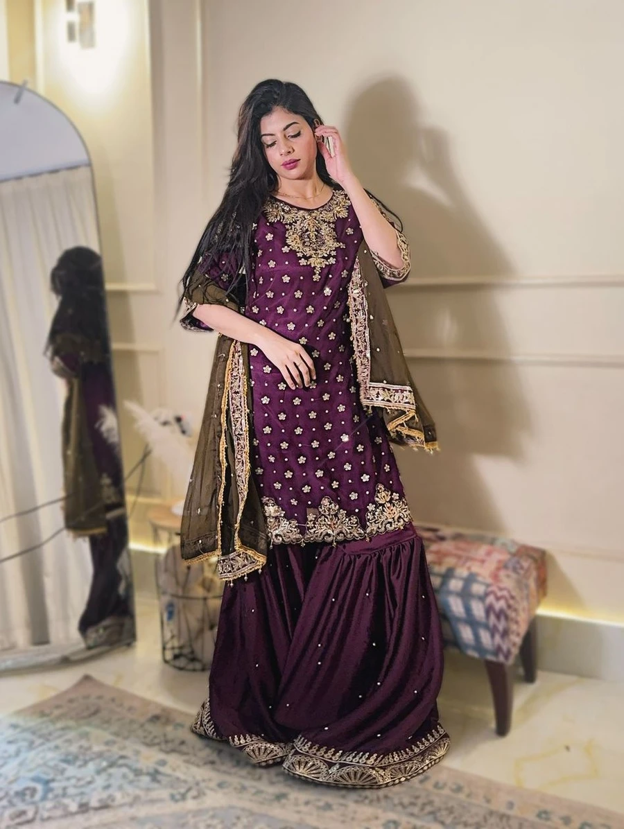 MODERN CHINON SILK SEQUENCE & ZARI EMBROIDERY WITH HANDWORK LACE BORDER WORK TOP SHARARA WITH DUPATTA FESTIVE WEAR WHOLESALE PRICE ETHNIC GARMENT (10)
