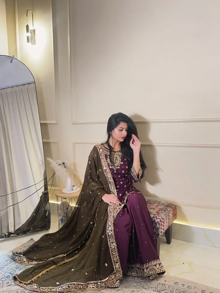 MODERN CHINON SILK SEQUENCE & ZARI EMBROIDERY WITH HANDWORK LACE BORDER WORK TOP SHARARA WITH DUPATTA FESTIVE WEAR WHOLESALE PRICE ETHNIC GARMENT (9)