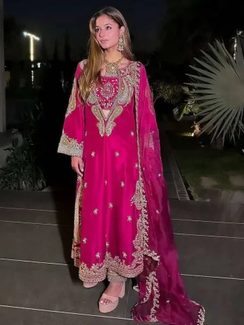 MODERN CHINON SILK THREAD & SEQUENCE EMBROIDERY WORK TOP, BLOUSE ,BOTTOM AND WITH DUPATTA PINK