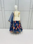 MODERN COTTON SILK EMBROIDERY SEQUENCE WORK KID'S TOP LEHENGA OFF WHITE AND BLUE