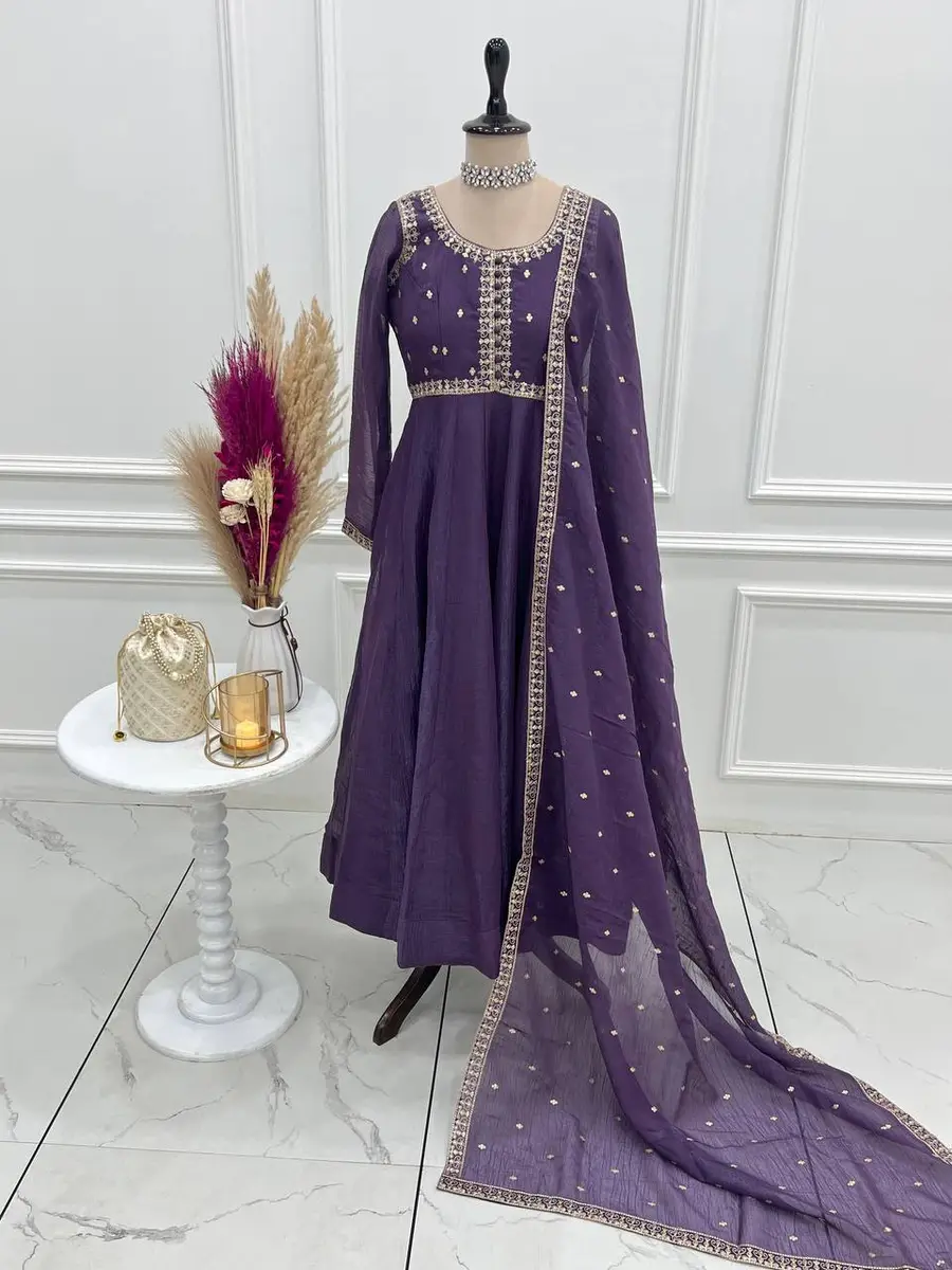 MODERN CRUNCHY SILK EMBROIDERY SEQUENCE DORI AND JARI WORK GOWN BOTTOM WITH DUPATTA FESTIVE WEAR WHOLESALE PRICE ETHNIC GARMENT (10)