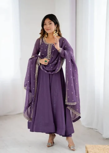 MODERN CRUNCHY SILK EMBROIDERY SEQUENCE DORI AND JARI WORK GOWN BOTTOM WITH DUPATTA PURPLE