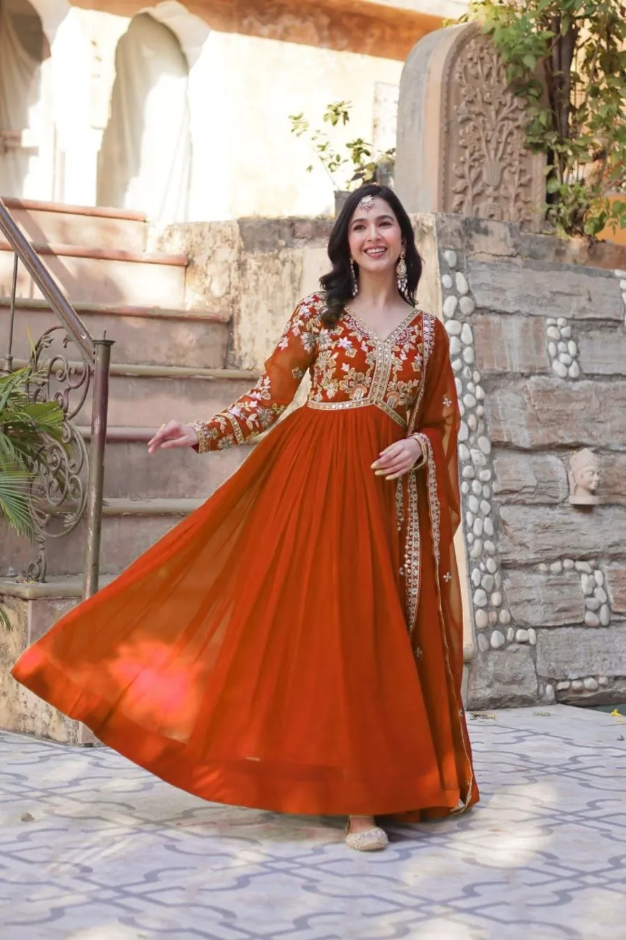 MODERN FAUX BLOOMING EMBROIDERY ZARI SEQUENCE WORK GOWN WITH DUPATTA FESTIVE WEAR WHOLESALE PRICE ETHNIC GARMENT (5)