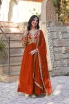 MODERN FAUX BLOOMING EMBROIDERY ZARI SEQUENCE WORK GOWN WITH DUPATTA ORANGE