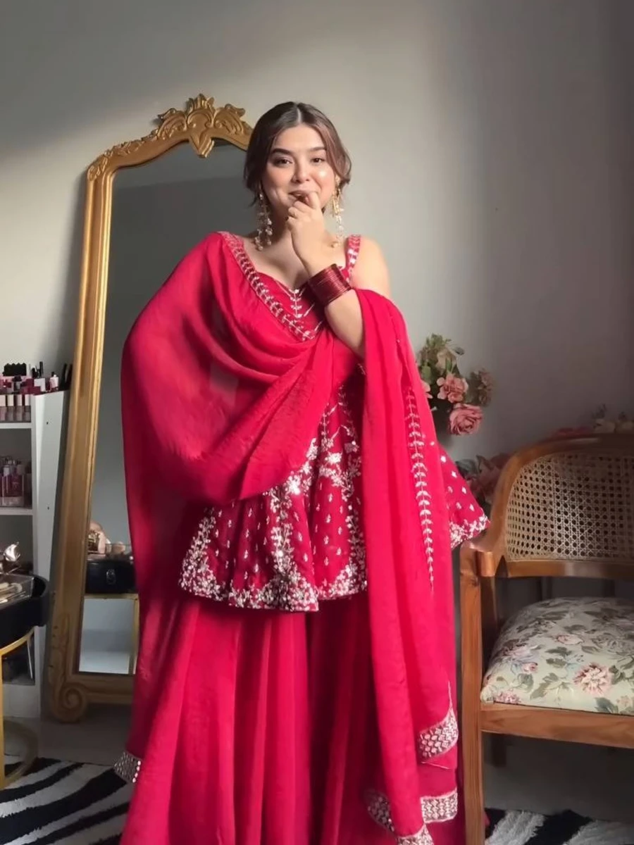 MODERN FAUX BLOOMING SEQUENCE & MULTI ZARI THREAD EMBROIDERY WORK TOP PALAZZO WITH DUPATTA PARTY WEAR WHOLESALE PRICE ETHNIC GARMENT (2)