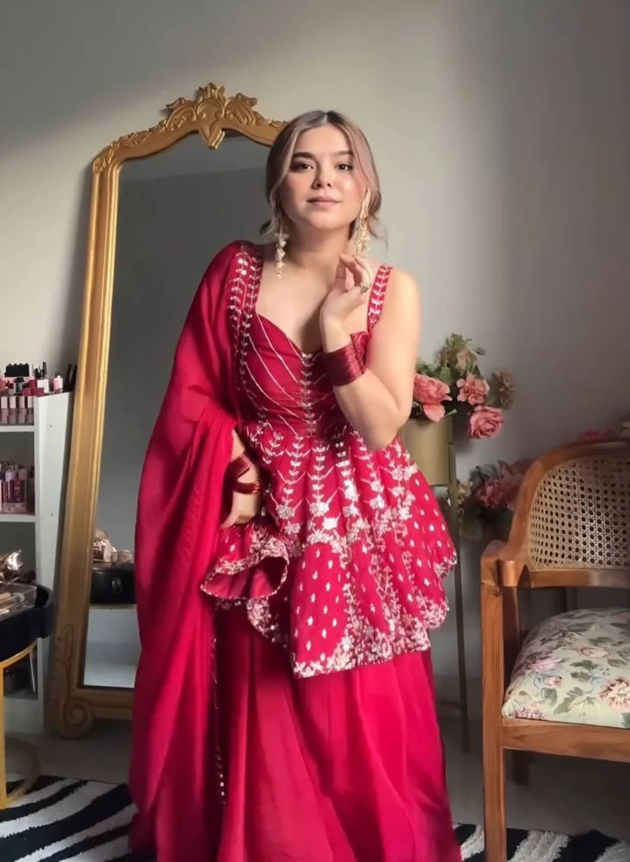 MODERN FAUX BLOOMING SEQUENCE & MULTI ZARI THREAD EMBROIDERY WORK TOP PALAZZO WITH DUPATTA PARTY WEAR WHOLESALE PRICE ETHNIC GARMENT (5)