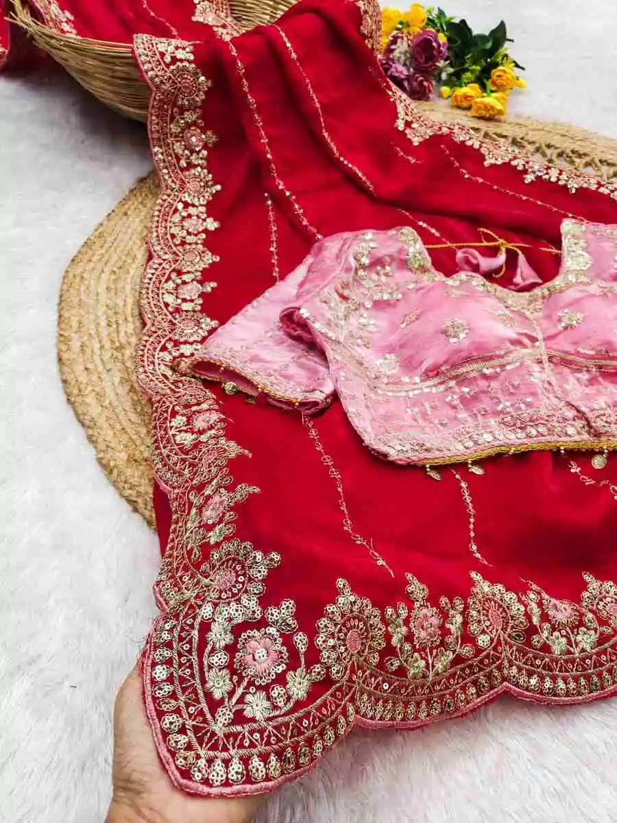MODERN FENDY SATIN EMBROIDERY SEQUENCE WORK HEAVY BORDER WITH BUTTI WORK SAREE WITH STITCHED BLOUSE WEDDING WEAR WHOLESALE PRICE ETHNIC GARMENT (10)