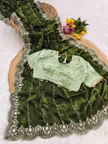 MODERN FENDY SATIN EMBROIDERY SEQUENCE WORK HEAVY BORDER WITH BUTTI WORK SAREE WITH STITCHED BLOUSE MEHNDI