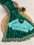 MODERN FENDY SATIN EMBROIDERY SEQUENCE WORK HEAVY BORDER WITH BUTTI WORK SAREE WITH STITCHED BLOUSE GREEN
