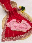 MODERN FENDY SATIN EMBROIDERY SEQUENCE WORK HEAVY BORDER WITH BUTTI WORK SAREE WITH STITCHED BLOUSE RED