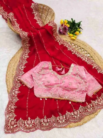 MODERN FENDY SATIN EMBROIDERY SEQUENCE WORK HEAVY BORDER WITH BUTTI WORK SAREE WITH STITCHED BLOUSE RED