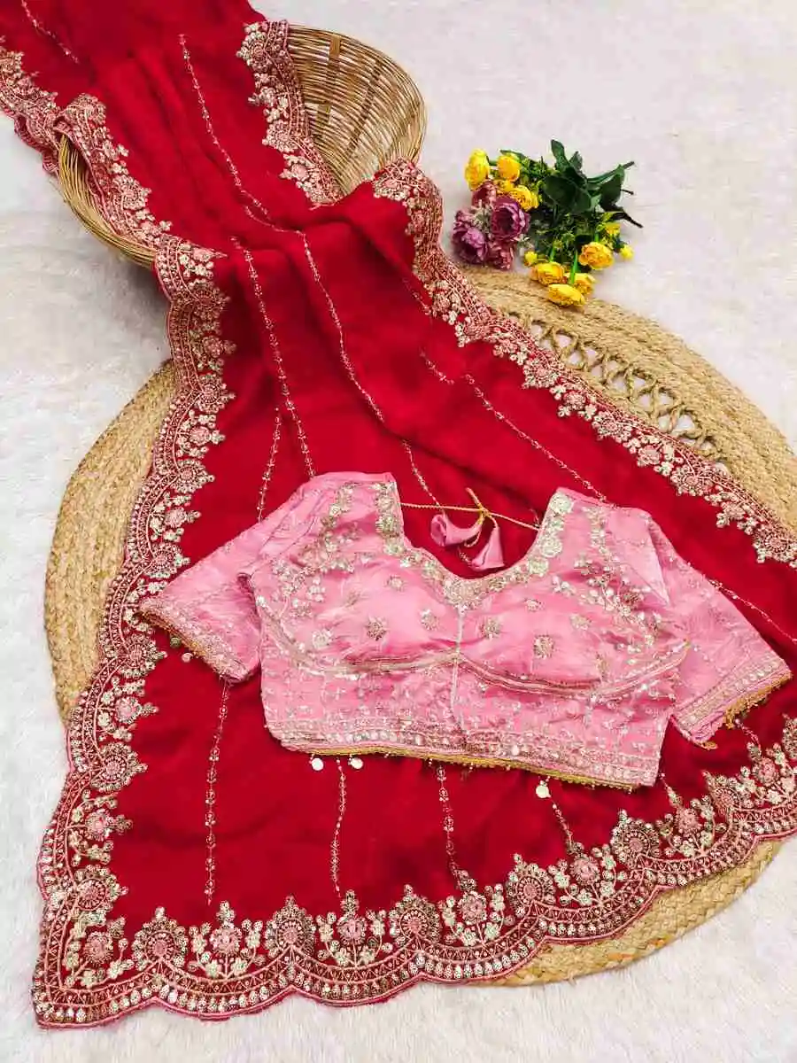MODERN FENDY SATIN EMBROIDERY SEQUENCE WORK HEAVY BORDER WITH BUTTI WORK SAREE WITH STITCHED BLOUSE WEDDING WEAR WHOLESALE PRICE ETHNIC GARMENT (8)