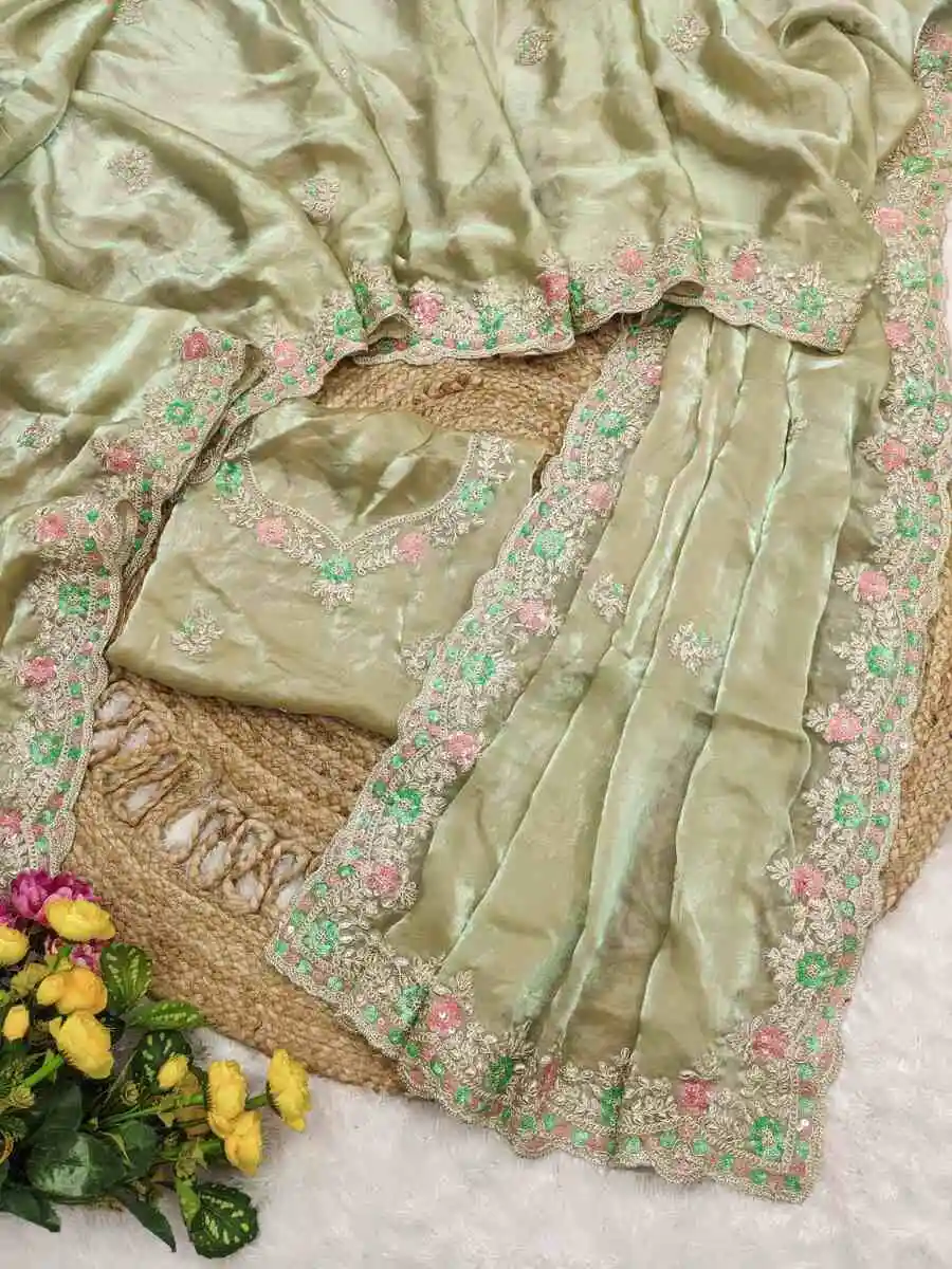 MODERN FENDY SATIN SILK MULTI COLOUR SEQUENCE AND CODING EMBROIDERY WORK SAREE WITH UNSTITCHED BLOUSE WEDDING WEAR WHOLESALE PRICE ETHNIC GARMENT (1)