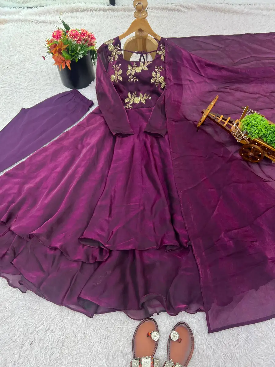 MODERN FENDY SILK EMBROIDERY SEQUENCE WORK GOWN BOTTOM WITH DUPATTA FESTIVE WEAR WHOLESALE PRICE ETHNIC GARMENT (2)