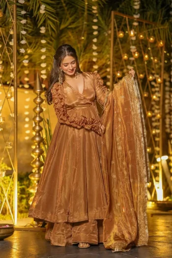 MODERN FENDY SILK PLAIN GOWN AND PALAZZO WITH SEQUENCE AND EMBROIDERY WORK DUPATTA CHIKU