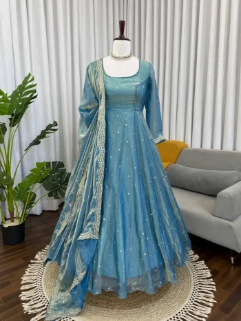 MODERN FENDY SILK THREAD WITH SEQUNCE WORK GOWN PALAZZO WITH DUPATTA SKY