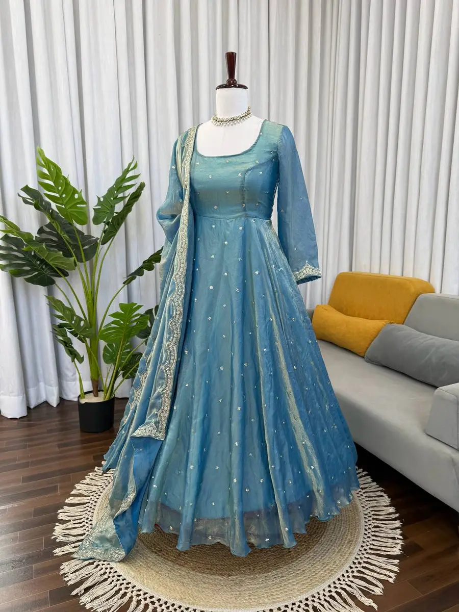 MODERN FENDY SILK THREAD WITH SEQUNCE WORK GOWN PALAZZO WITH DUPATTA PARTY WEAR WHOLESALE PRICE ETHNIC GARMENT (6)