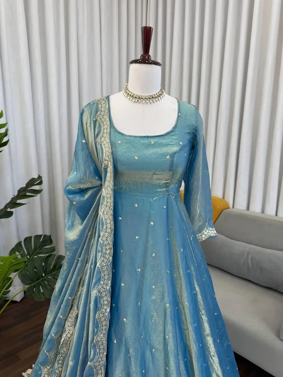 MODERN FENDY SILK THREAD WITH SEQUNCE WORK GOWN PALAZZO WITH DUPATTA PARTY WEAR WHOLESALE PRICE ETHNIC GARMENT (7)