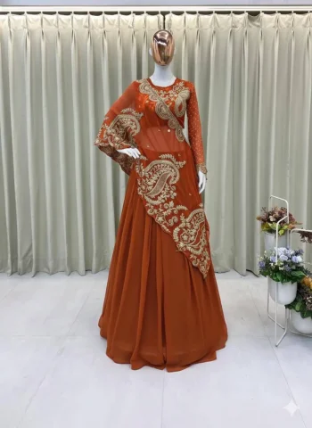 MODERN GEORGETTE DIGITAL PRINTED WITH CODING SEQUENCE EMBROIDERY WORK LEHENGA CHOLI WITH SHRUG ORANGE