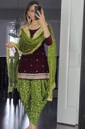 MODERN GEORGETTE EMBROIDERY 5 MM SEQUENCE WORK TOP DHOTI WITH DUPATTA GREEN AND BROWN