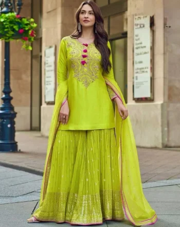 MODERN GEORGETTE EMBROIDERY CODING SEQUENCE WORK WITH FANCY LATKAN WORK TOP SHARARA WITH DUPATTA  PARROT GREEN