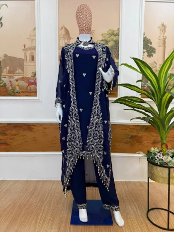 MODERN GEORGETTE EMBROIDERY & FANCY LACE WORK TOP BOTTOM WITH KOTI BLUE