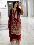 MODERN GEORGETTE EMBROIDERY SEQUENCE WORK WITH CUT WORK TOP PALAZZO WITH DUPATTA MAROON